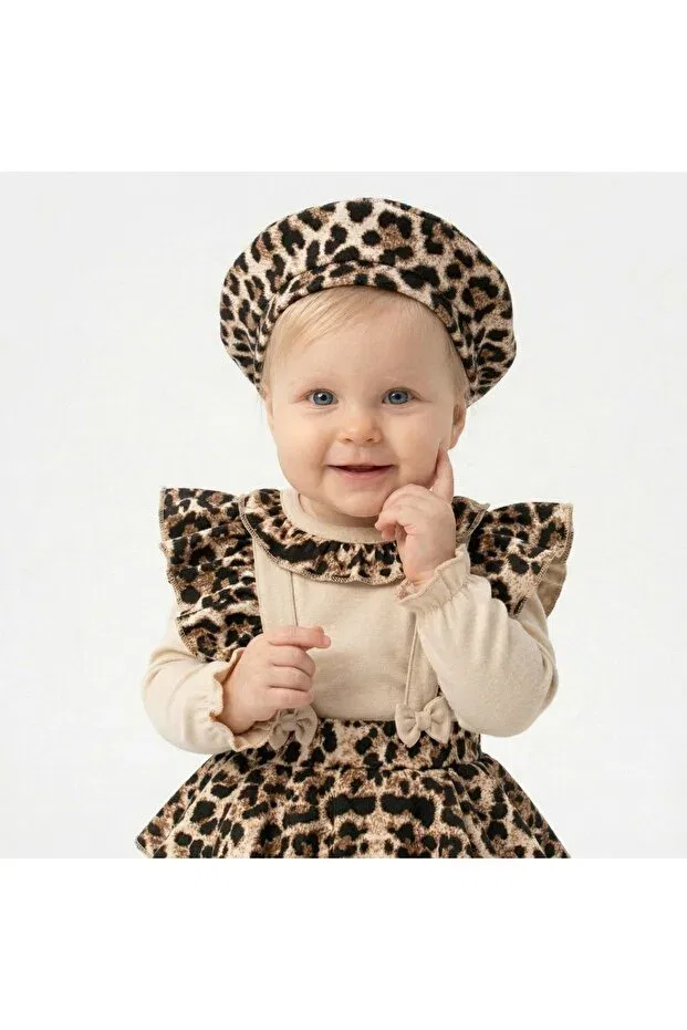 Детский комплект для девочек с принтом Leopard patterned skirt four-piece set Saninbaby, Beige — фото 2