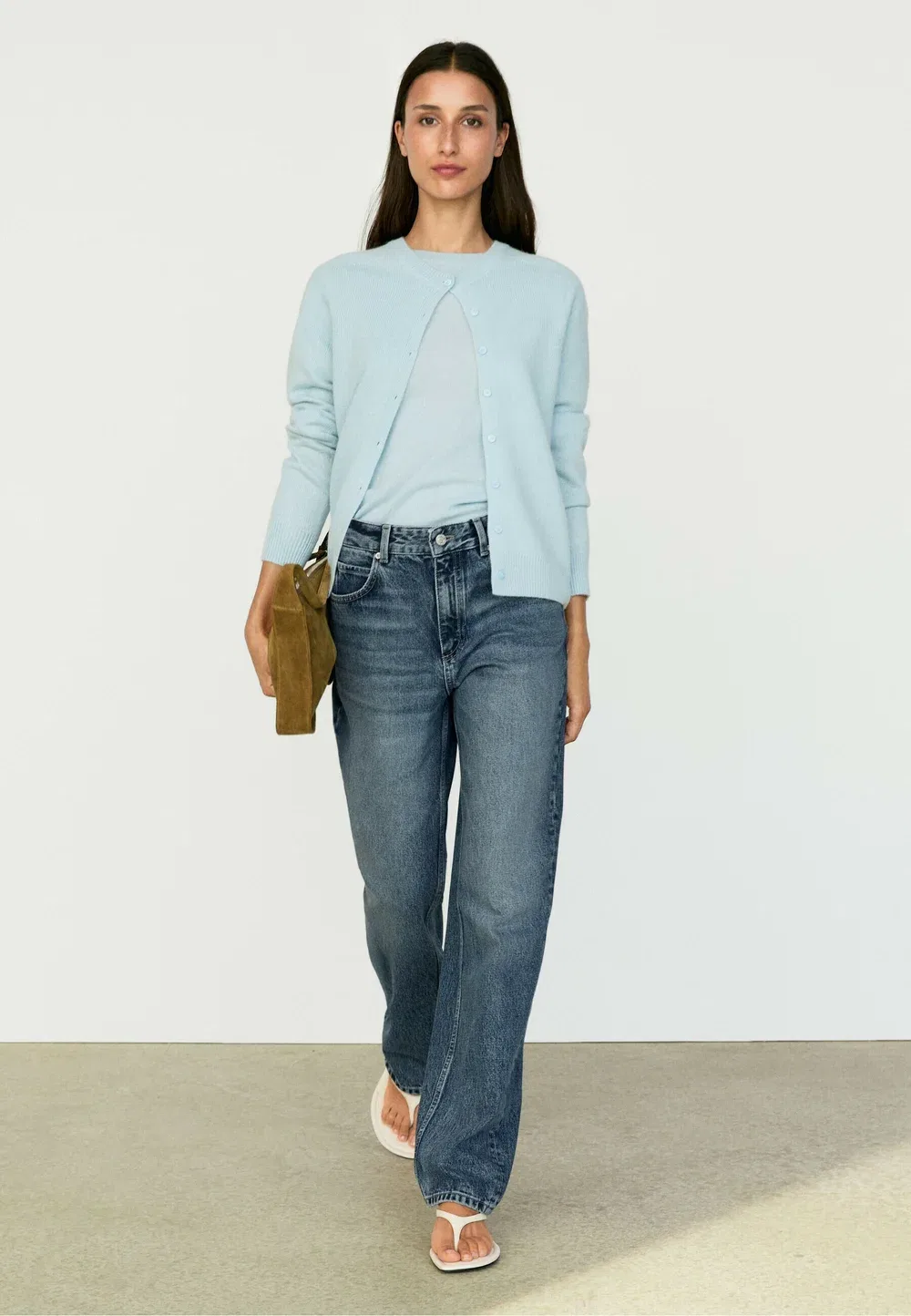 Укороченный вязаный кардиган из 100% кашемира - кардиган Massimo Dutti, Light Blue — фото 2