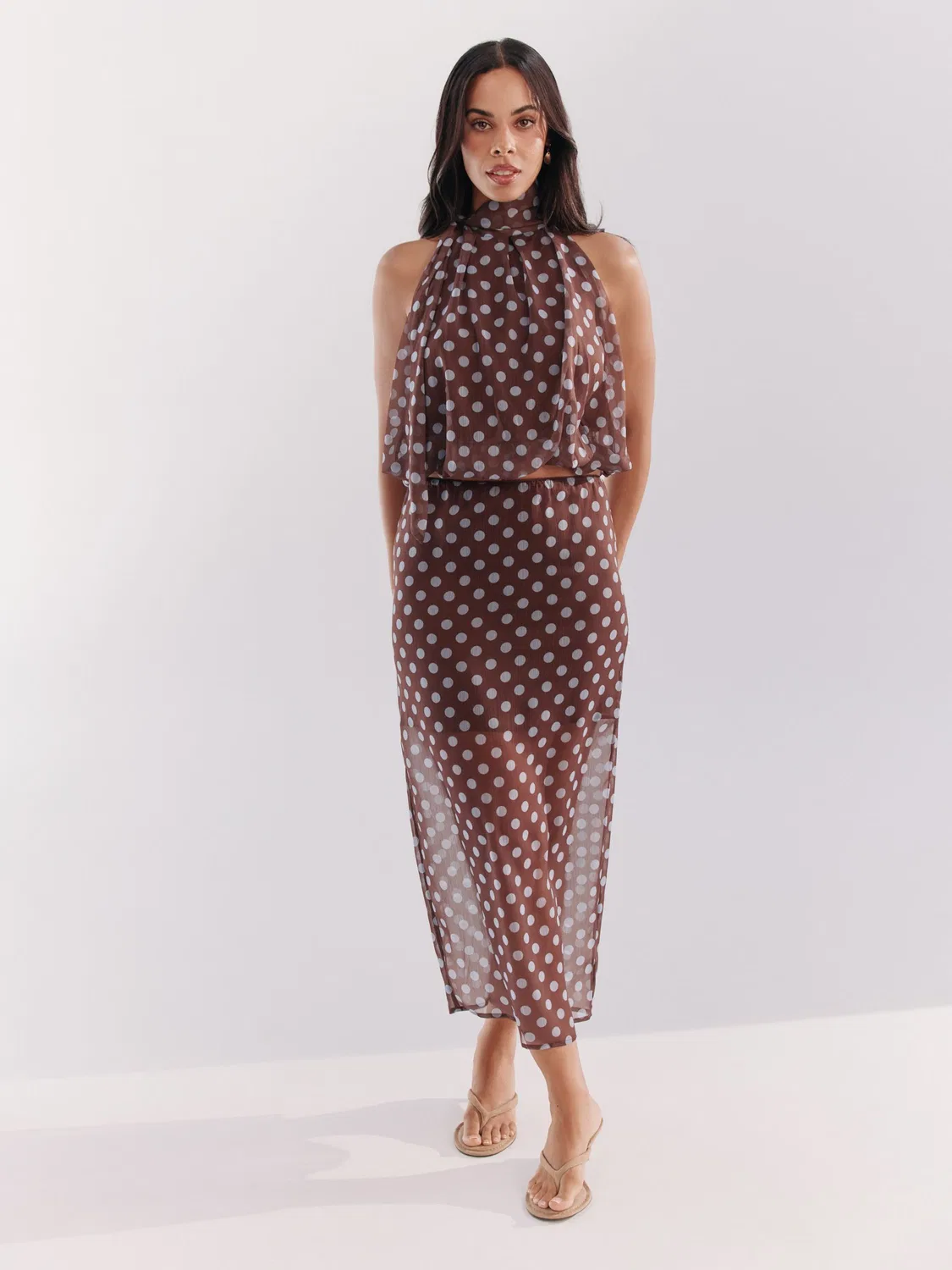 Юбка миди Polka Dot Lightweight Midi Skirt Next, шоколадный коричневый/синий в горошек