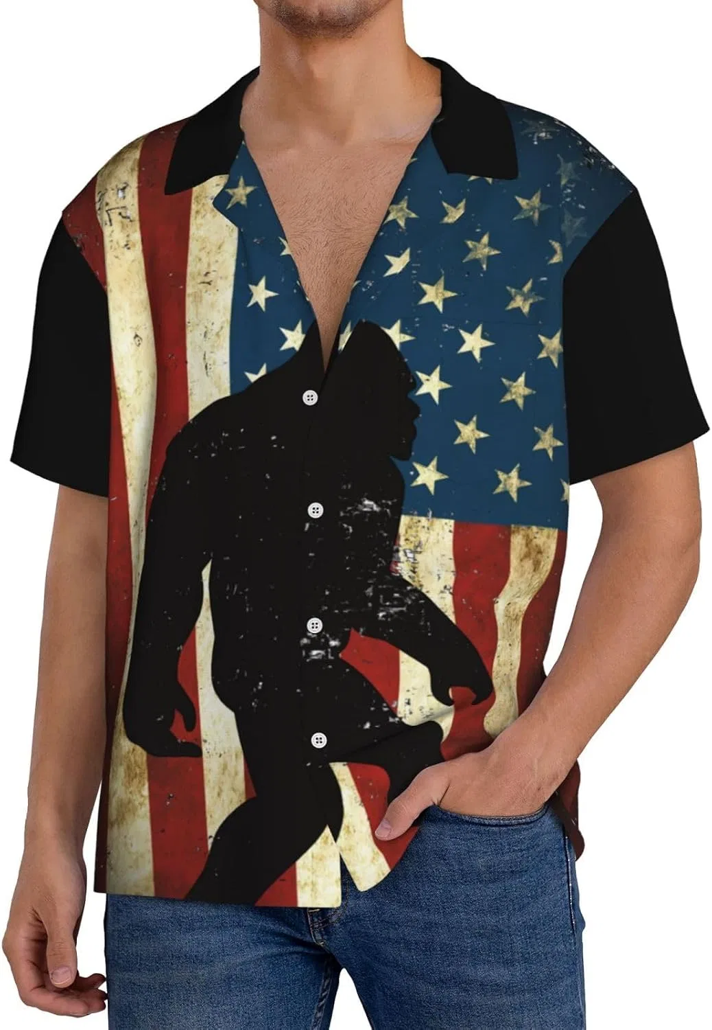 Мужская свободная рубашка с коротким рукавом Bigfoot UFO America Flag, Black