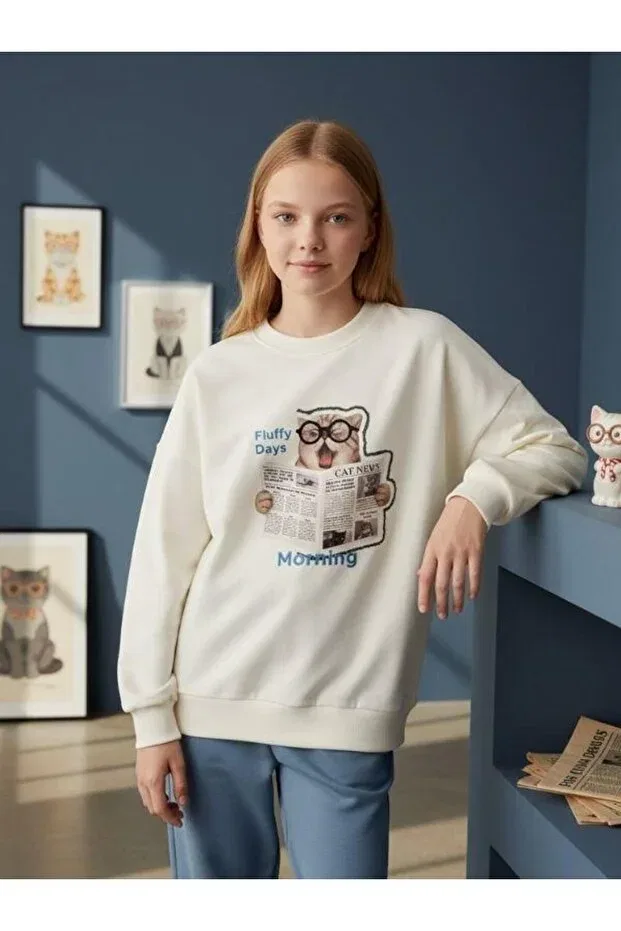 Детские свитшот для девочек с принтом Cat Printed Oversized Design Zekids, Ecru — фото 2