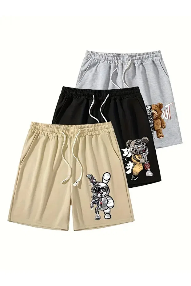 Детский комплект шорт для девочек с принтом Teddy Bear Printed Summer Short Shorts Set Nplstore, Gray-Beige-Black