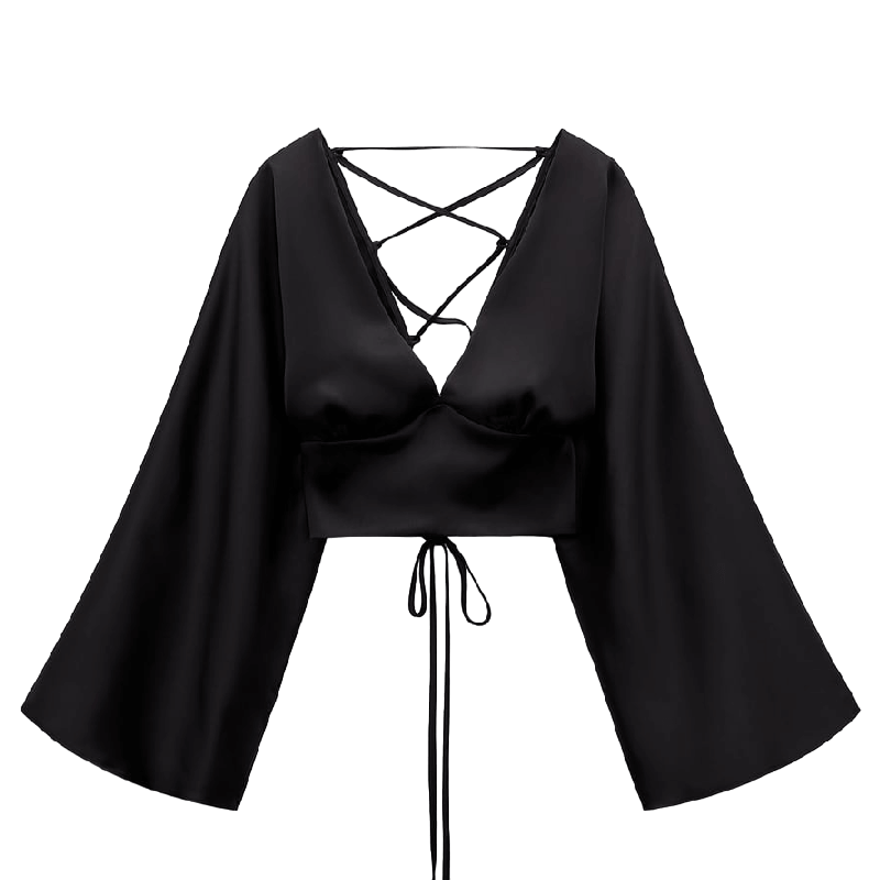 Блуза Zara Cropped satin, черный - фото