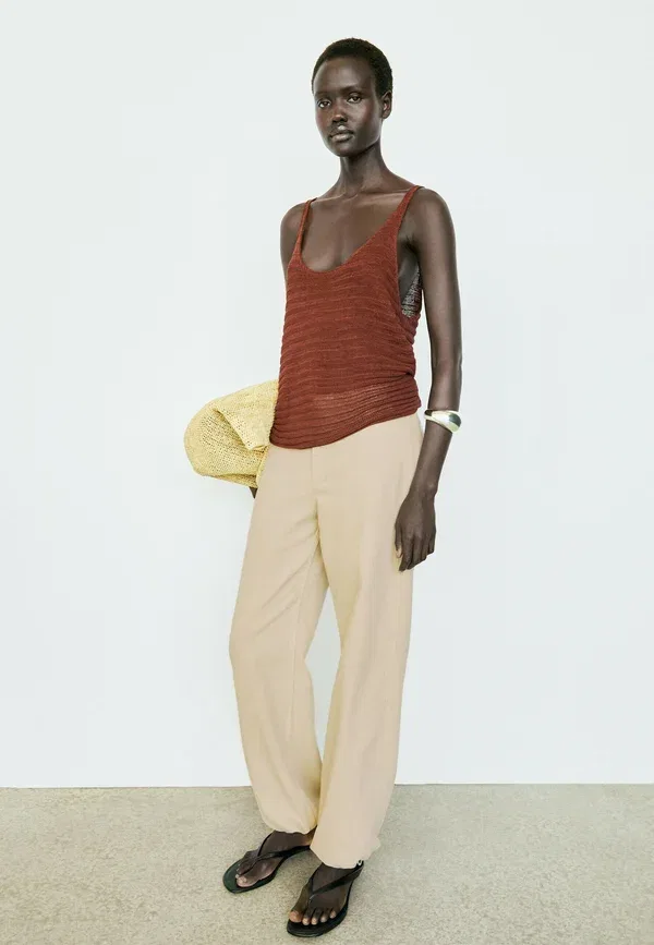 Топ с текстурным вязанием из льна, хлопка и полиамида, без спинки, Massimo Dutti, бордовый — фото 2