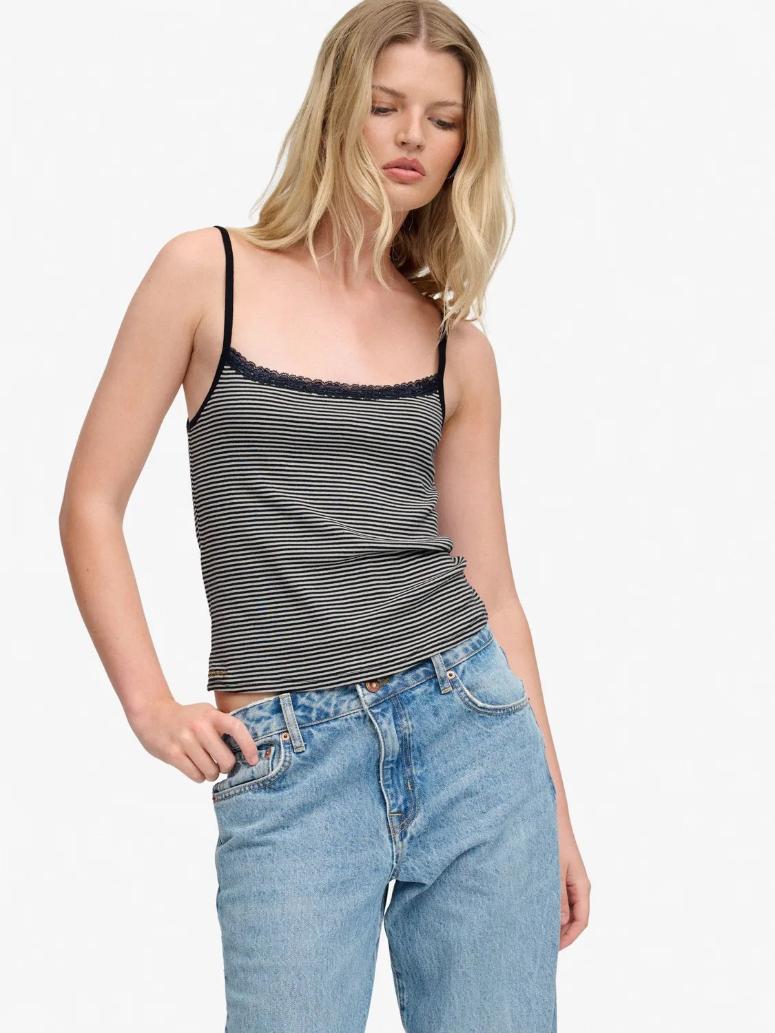 Топ майка на бретелях Superdry Navy Stripe Lace, темно-синий