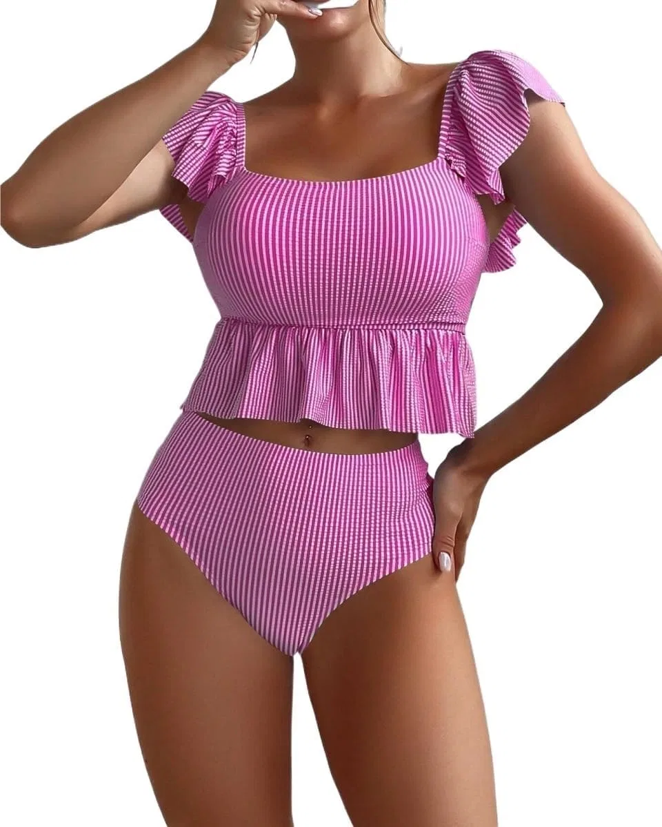 Женский бикини-сет с рюшами High Waist, Hot Pink