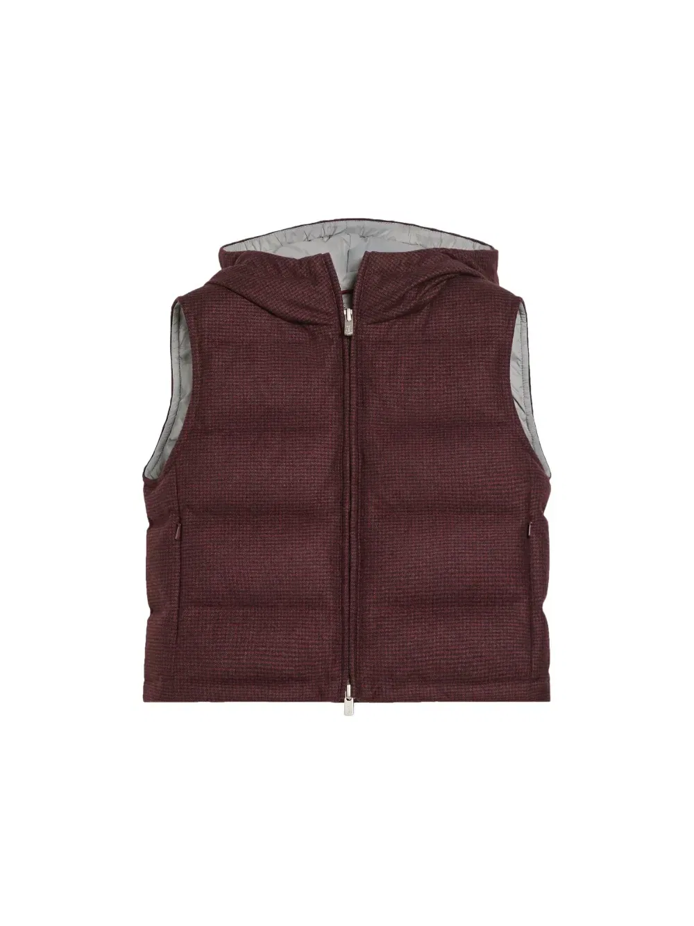 Дутый жилет в ломаную клетку с капюшоном Brunello Cucinelli Kids, красный