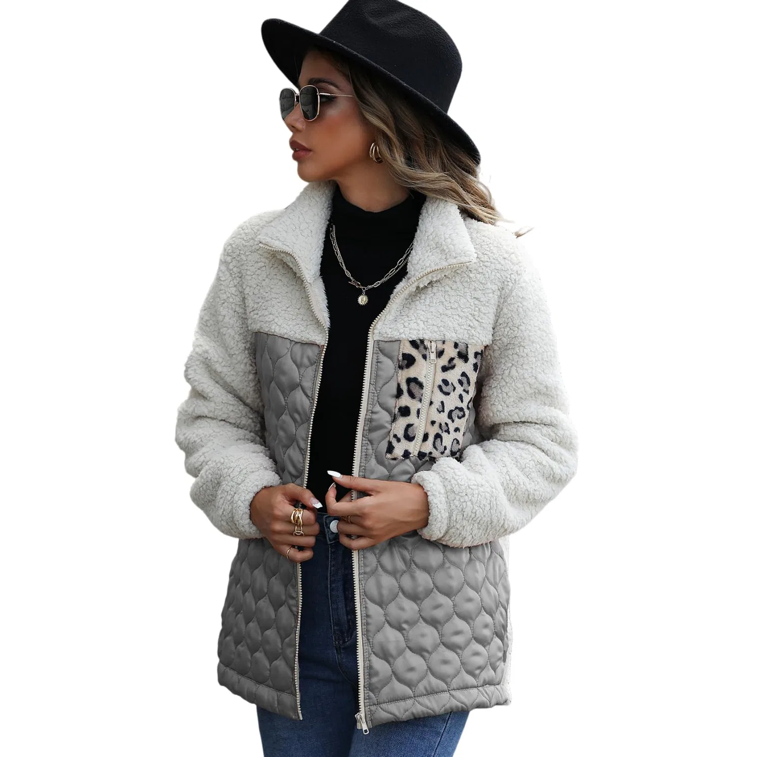 Женское пальто из флиса Sherpa с принтом color block, grigio