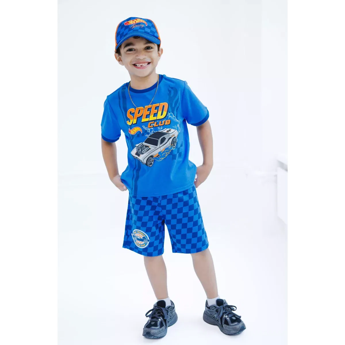 Детский комплект одежды для мальчиков с принтом Hot Wheels Ringer T-Shirt French Terry Shorts Hat 3 Piece Outfit Set Hot Wheels, Blue — фото 2