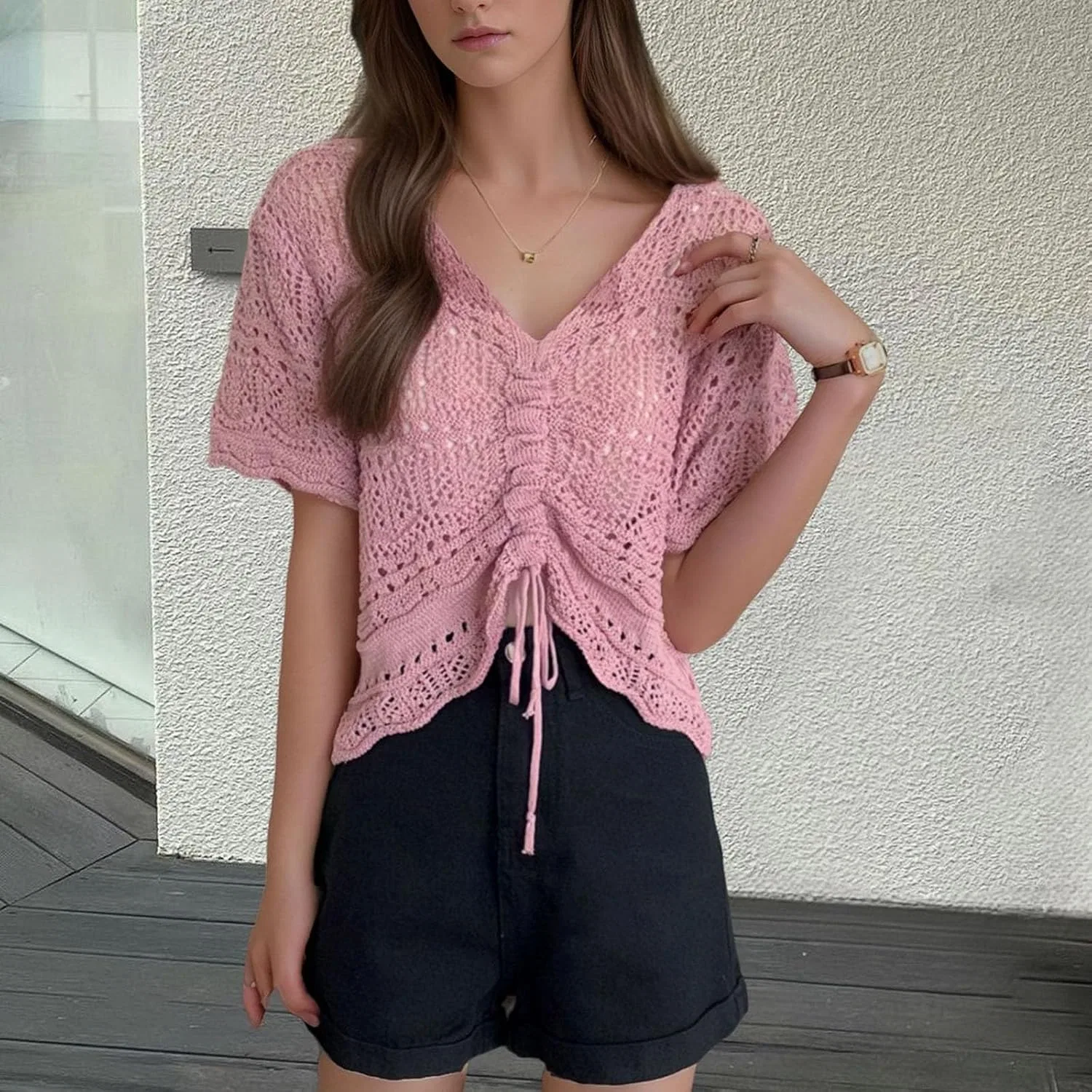 Женская пляжная накидка с кружевом V-образным вырезом, Pink — фото 4