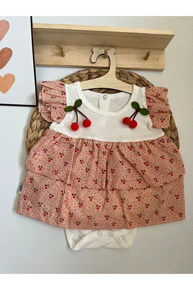 Детское платье для девочек хлопковое Cherry Detailed Self-Zippered Baby Girl Dress Miraydın Butik, Salmon
