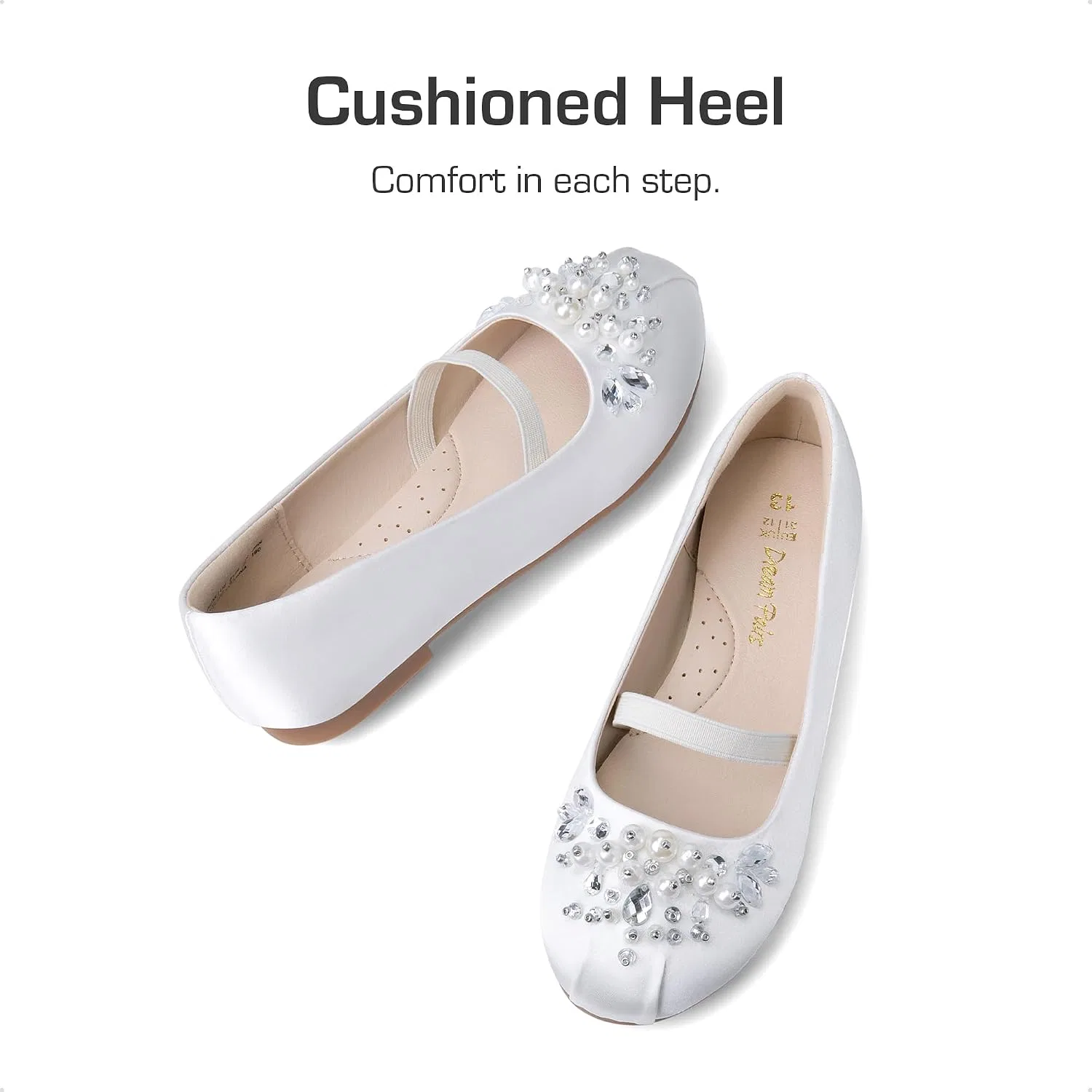 Детские балетки для девочек с цветочным принтом Mary Jane DREAM PAIRS, White/Satin — фото 3