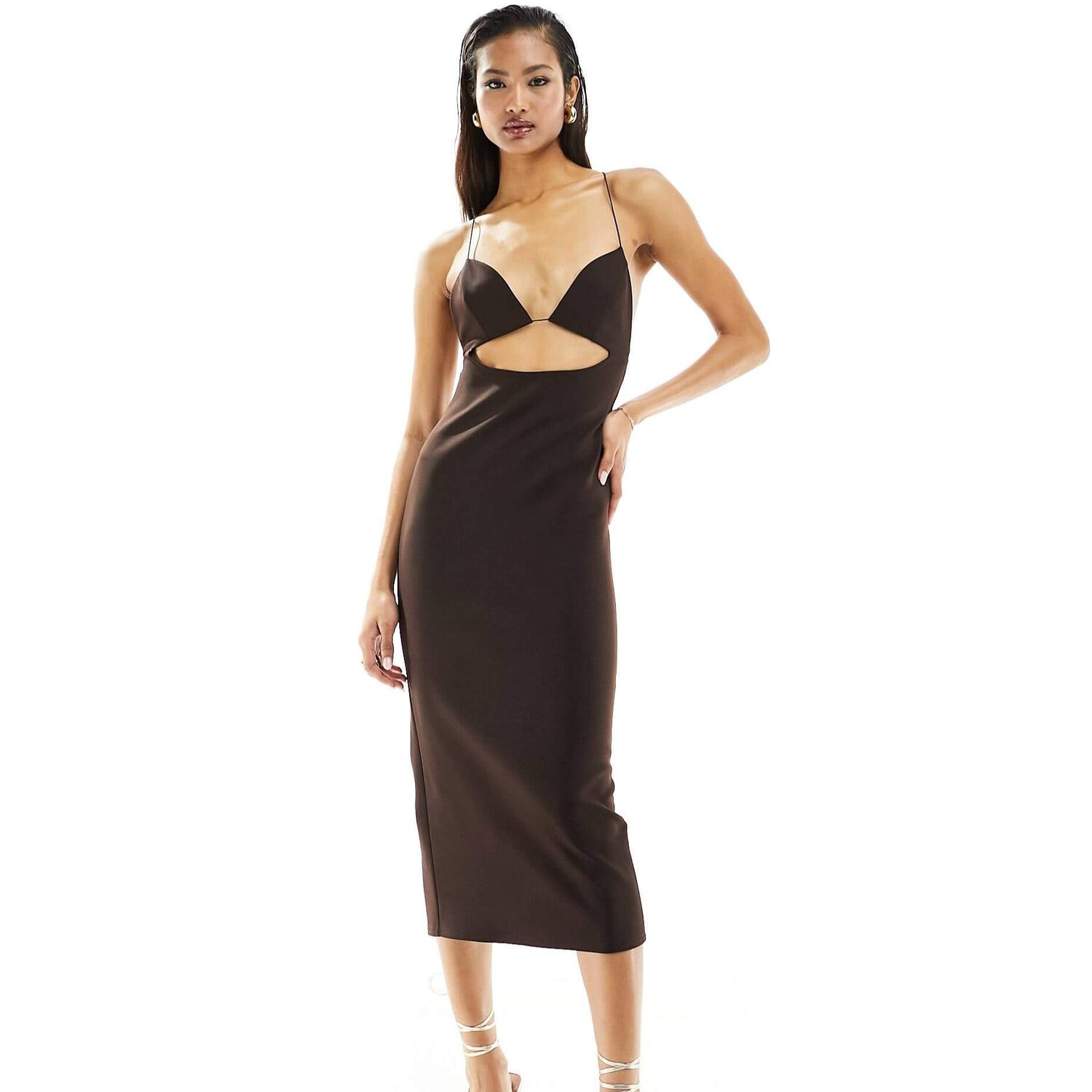 

Платье Asos Design Midi With Under Bust Cut Out And Strappy Back, темно-коричневый