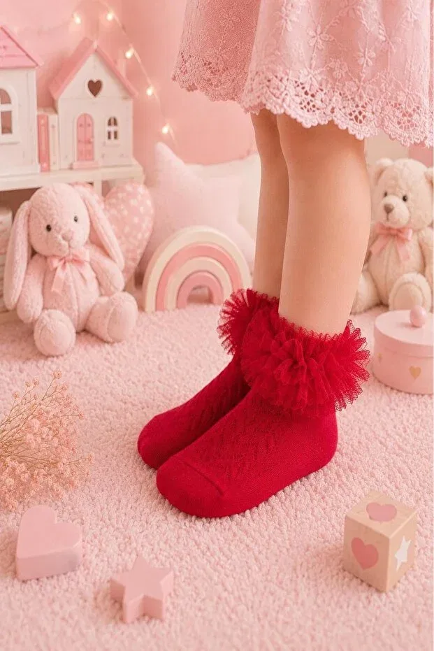 Детские носки с узором 3 предмета Organic cotton premium 3-piece baby tulle socks Lakoren, Red — фото 2