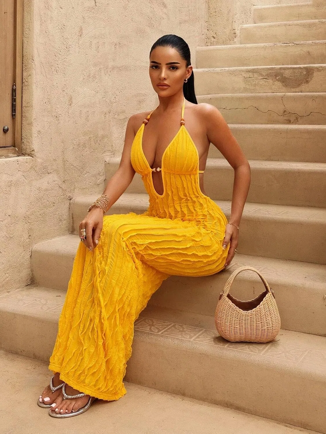 Женское длинное ками-платье на бретелях с вырезами Beach Vacation, Yellow — фото 2