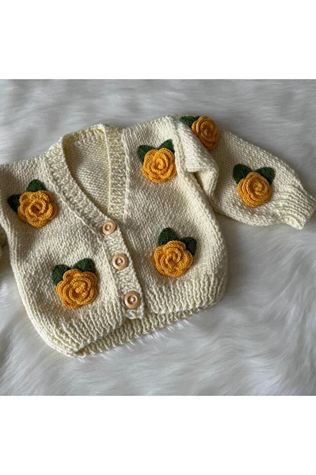 Детский кардиган с цветочным принтом Rose motif hand knitted baby kids cardigan jacket Home, Nude Color