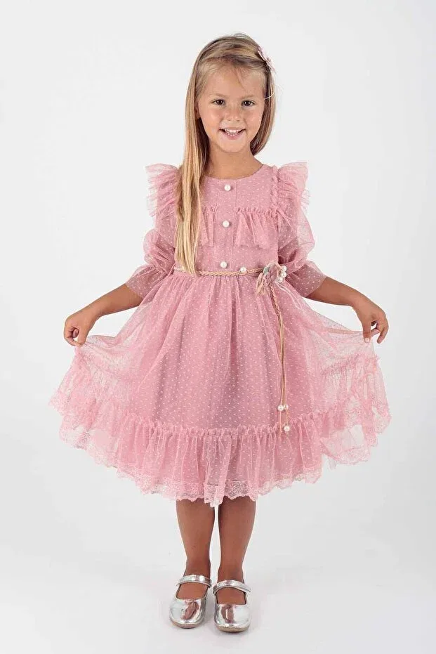 Детское платье для девочек кружевное Buckle Belted Lace Tulle Evening Dress Ahengim, Rose Dry