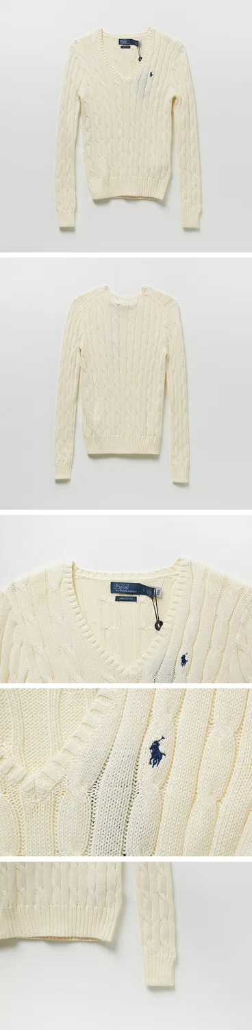 Женский хлопковый свитер с V-образным вырезом цвета айвори от Polo Ralph Lauren — фото 3