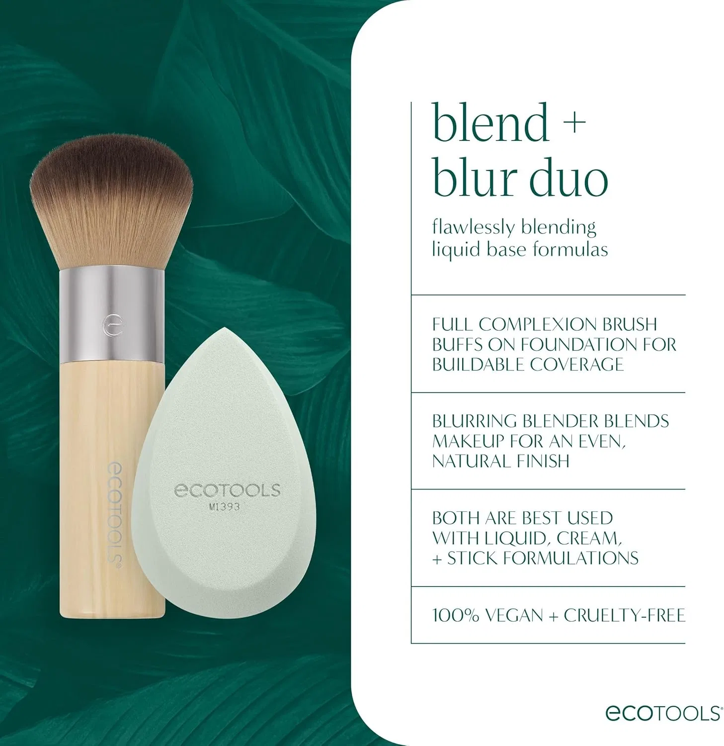 Набор кистей и спонжа для макияжа EcoTools Blend + Blur 2 предмета зеленый и коричневый Eco Tools — фото 3