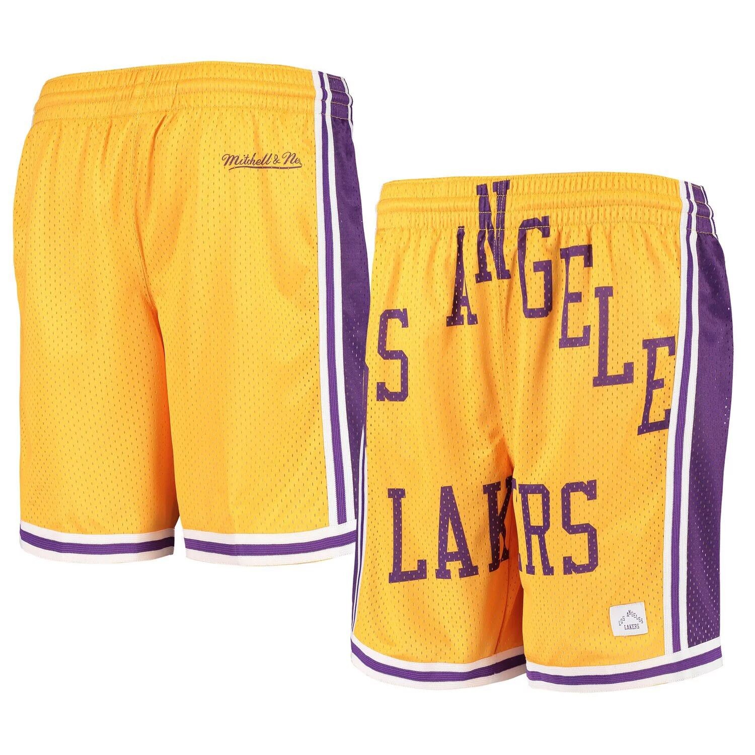 

Классические шорты из твердой древесины Youth Gold Los Angeles Lakers с сетчатой ​​отделкой и большим лицом Unbranded