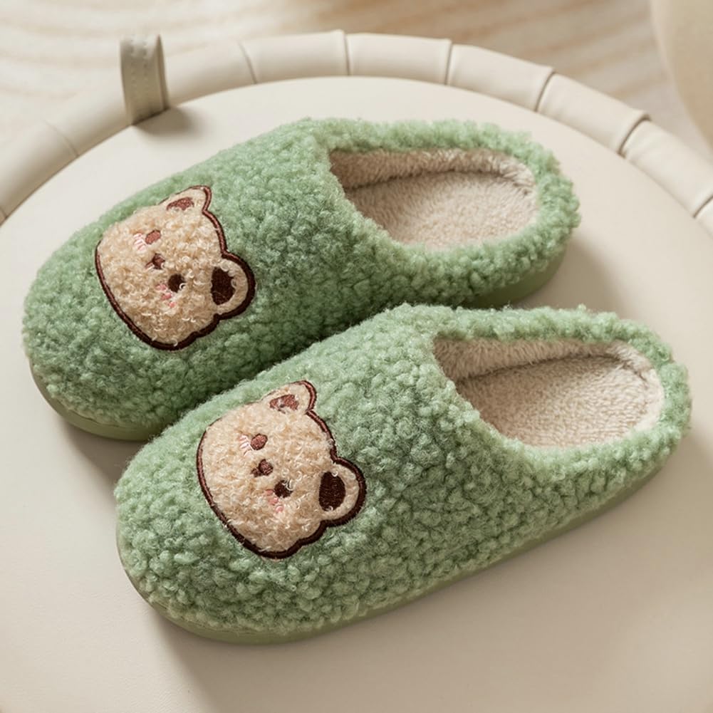 Тапочки Avilego Cute Cozy с мультяшным медвежонком, хлопковые, для дома и улицы, теплые, с нескользящей подошвой, мягкие плюшевые шлепанцы для женщин и мужчин, зеленый — фото 3