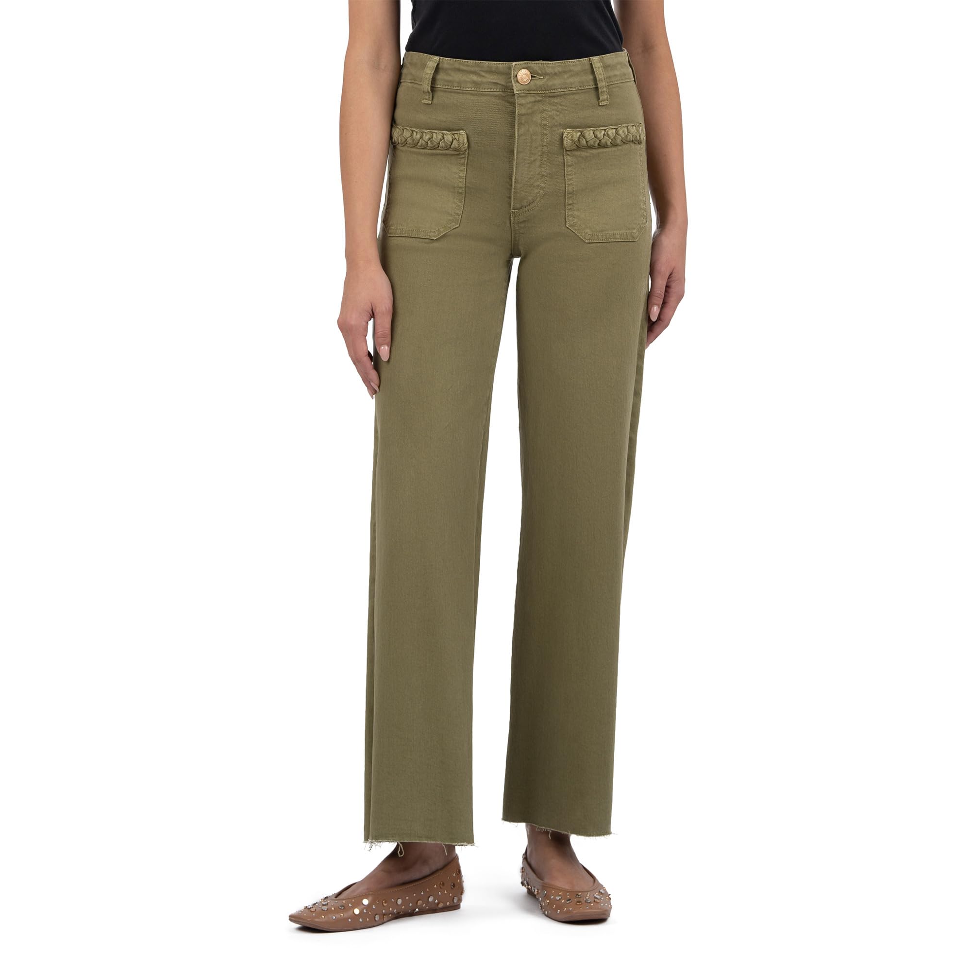 

Джинсы KUT from the Kloth MEG HIGH RISE WIDE LEG -FRONT PATCH POCKETS WITH BRAID, оливковый