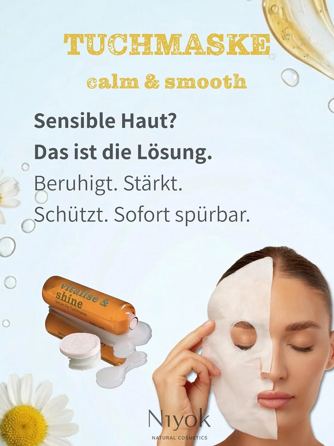 Успокаивающая тканевая маска для чувствительной кожи «Calm & Smooth» с ромашкой и церамидами от Niyok Niyok — фото 2