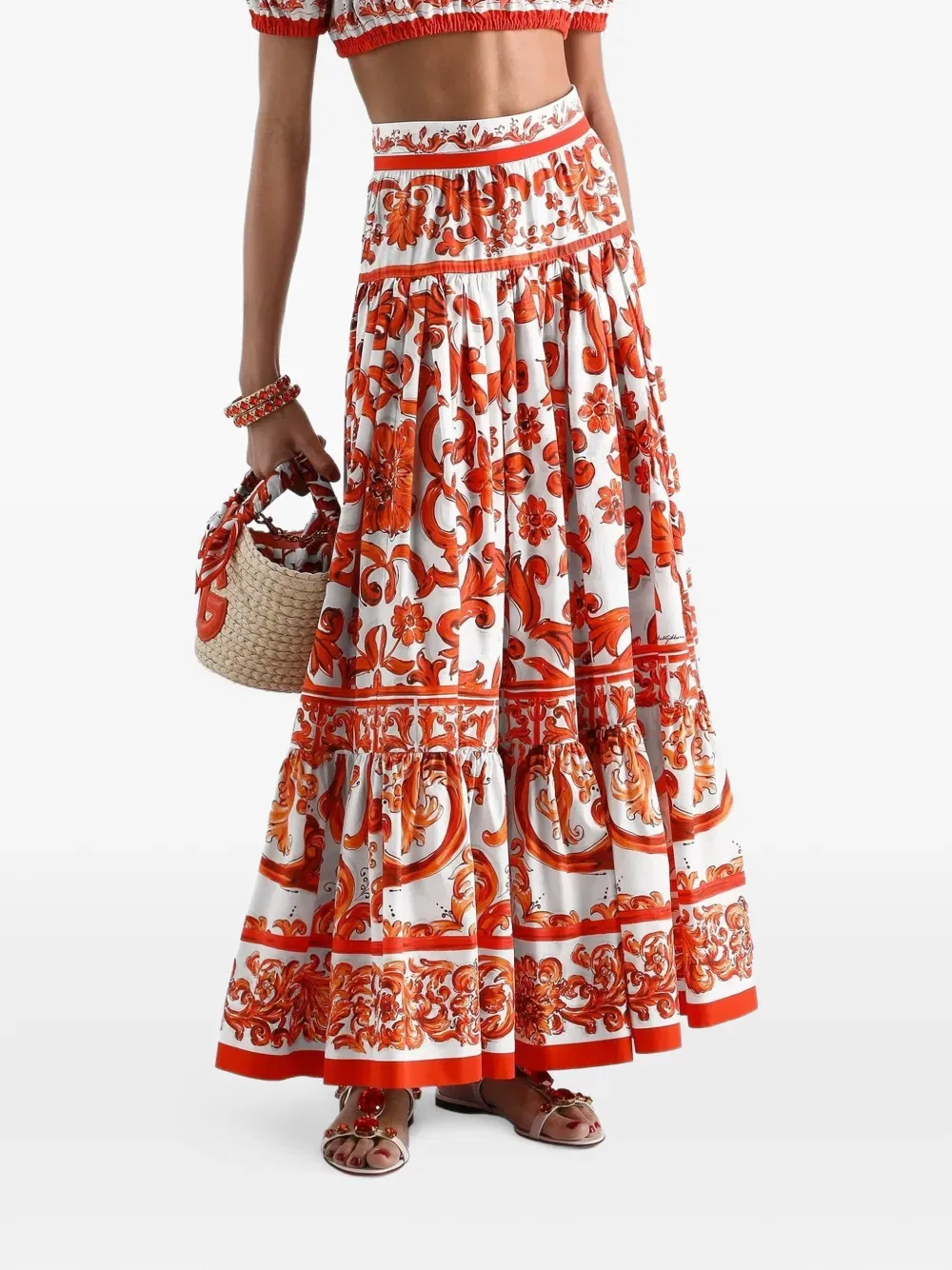 Длинная юбка из поплина с майоликовой печатью Dolce & Gabbana, белый — фото 3