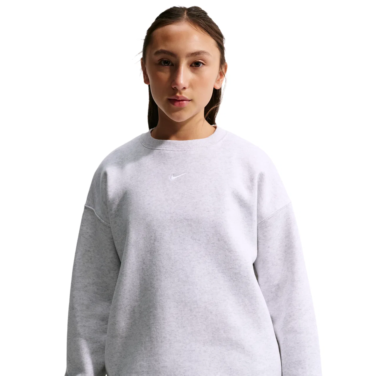 Детский свитшот оверсайз с вышитым логотипом Nike NSW Studio Fleece OS Crew LBR, Birch Heather/White