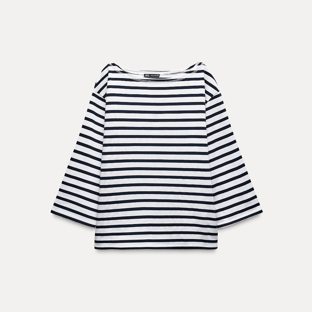 

Футболка Zara Boatneck, кремовый/темно-синий