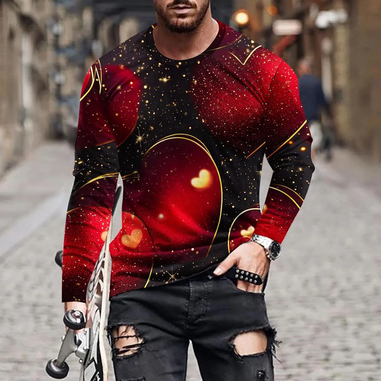 Мужская футболка с принтом сердца Long Sleeve, Red — фото 2
