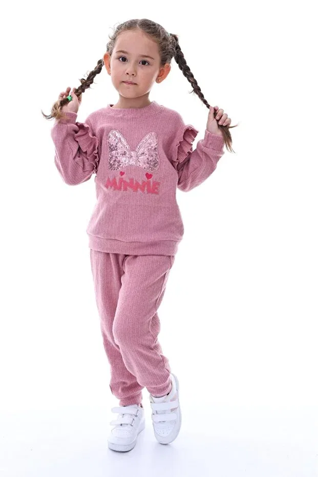 Детский комплект спортивного костюма для девочек с пайетками Sequin Embroidered Girls' Tracksuit Set Minikiss, Dried Rose — фото 2