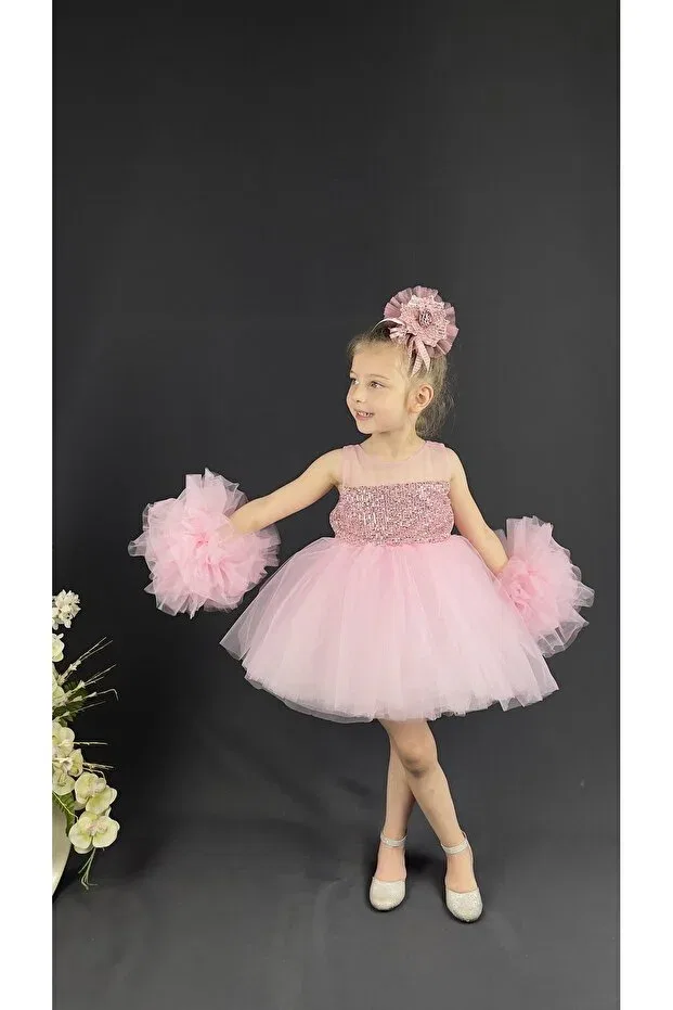 Детское платье для девочек с пайетками Pompom Delfini Kids, Pink — фото 4