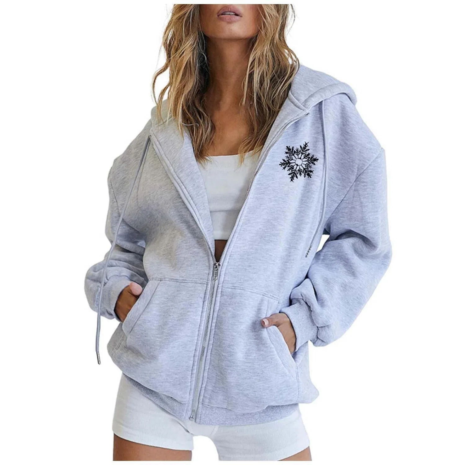 Женское пальто с капюшоном и длинным рукавом Moda Moda Natale Stampato, Grigio chiaro — фото 2