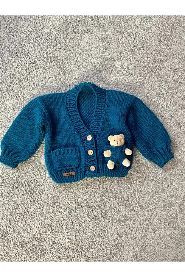 Детский кардиган для мальчиков с принтом Hand Knitted Teddy Bear Detailed Nevalin, Blue — фото 2
