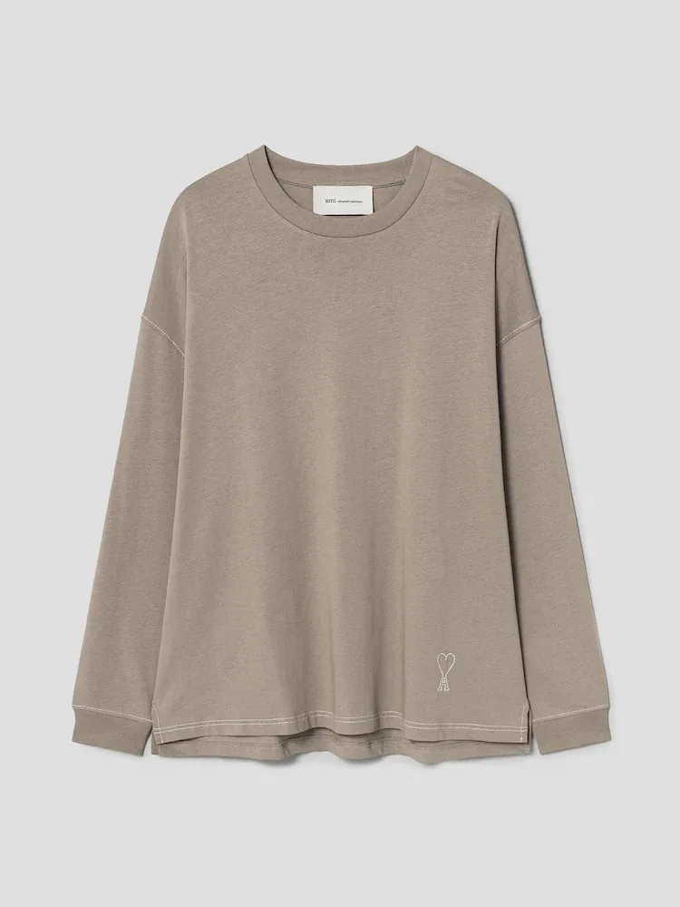 Футболка с длинным рукавом оверсайз с контрастной строчкой Ami De Coeur AMI PARIS, Beige