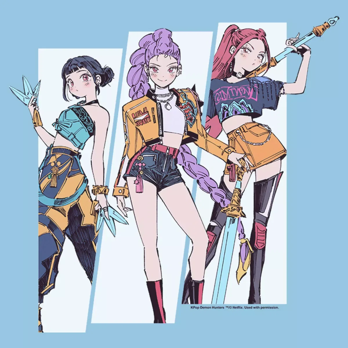 Детская футболка с принтом Kpop Demon Hunters Huntrix Manhwa Style, Light Blue — фото 2