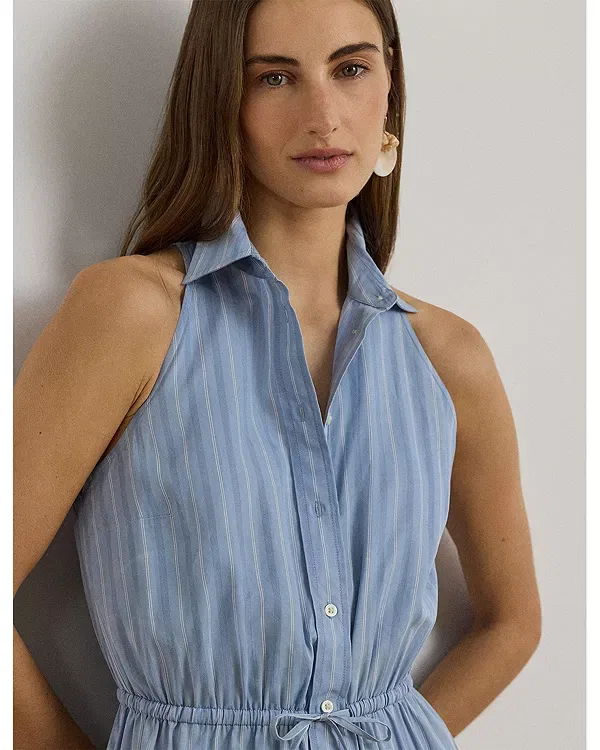 Женское платье-рубашка с полосками из хлопка A-силуэта Ralph Lauren, Blue/White — фото 4