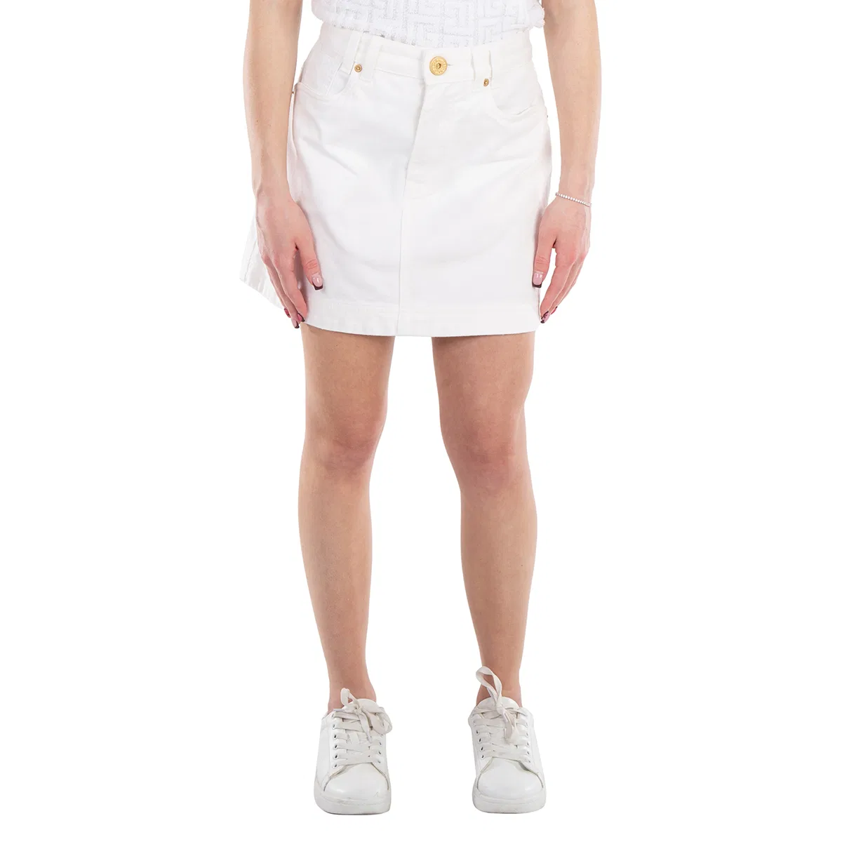 Юбка джинсовая мини-трапеция Trapeze Western Denim Mini Skirt Balmain, White