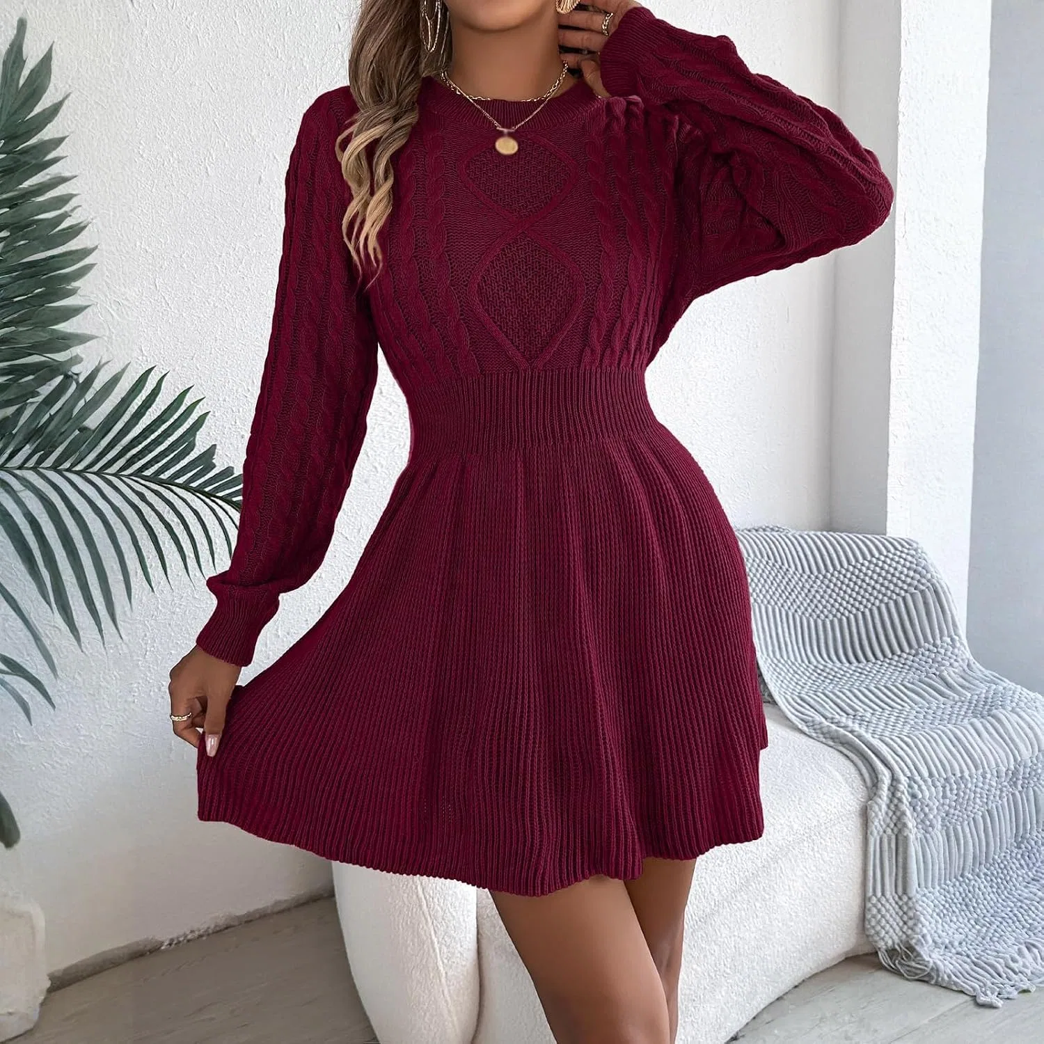 Женское платье-свитер с завязкой на талии Cable Knit, Wine — фото 4