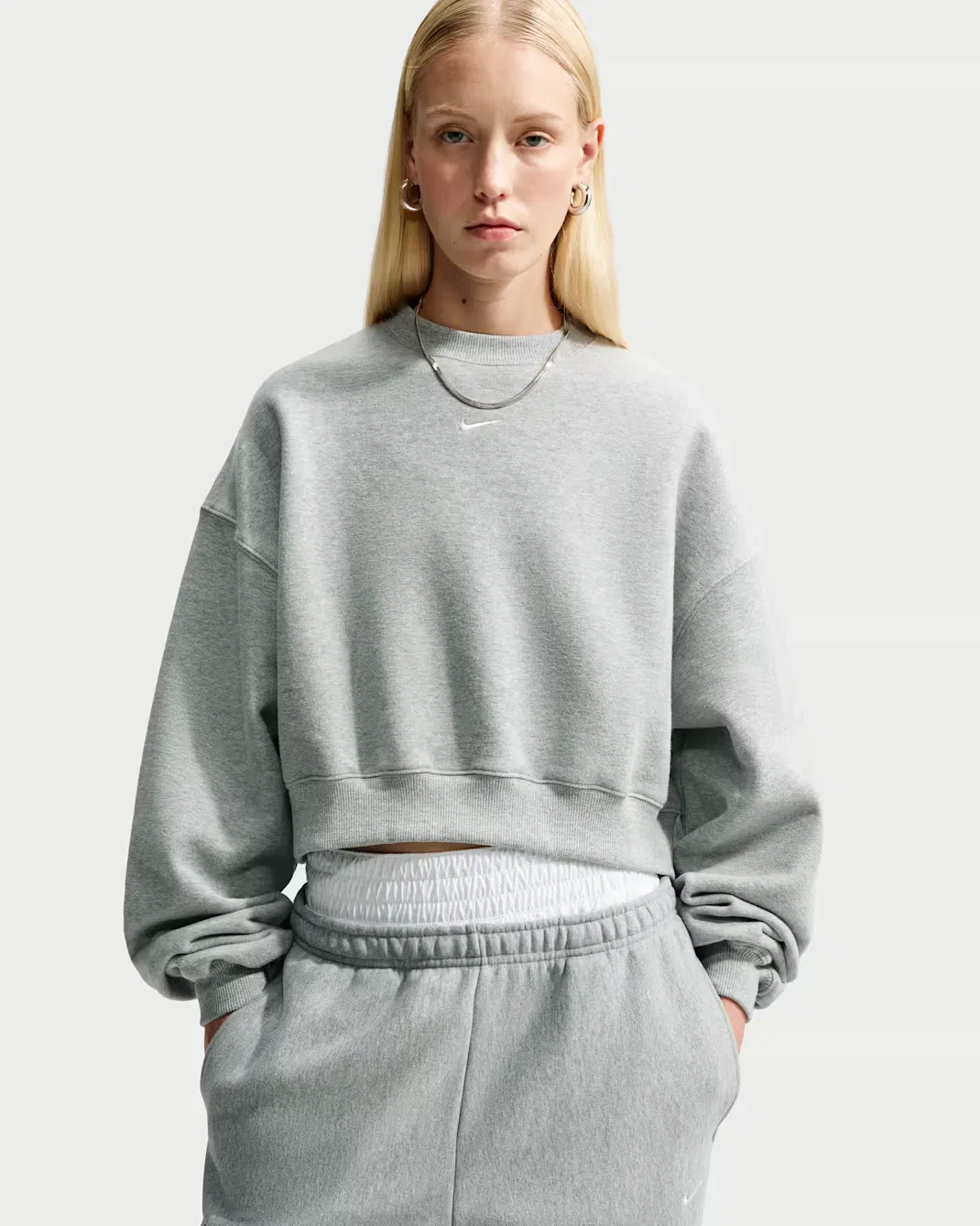 Женская укороченная футболка оверсайз с круглым вырезом Nike Studio Fleece Medium Weight, Dark Grey Heather/Sail
