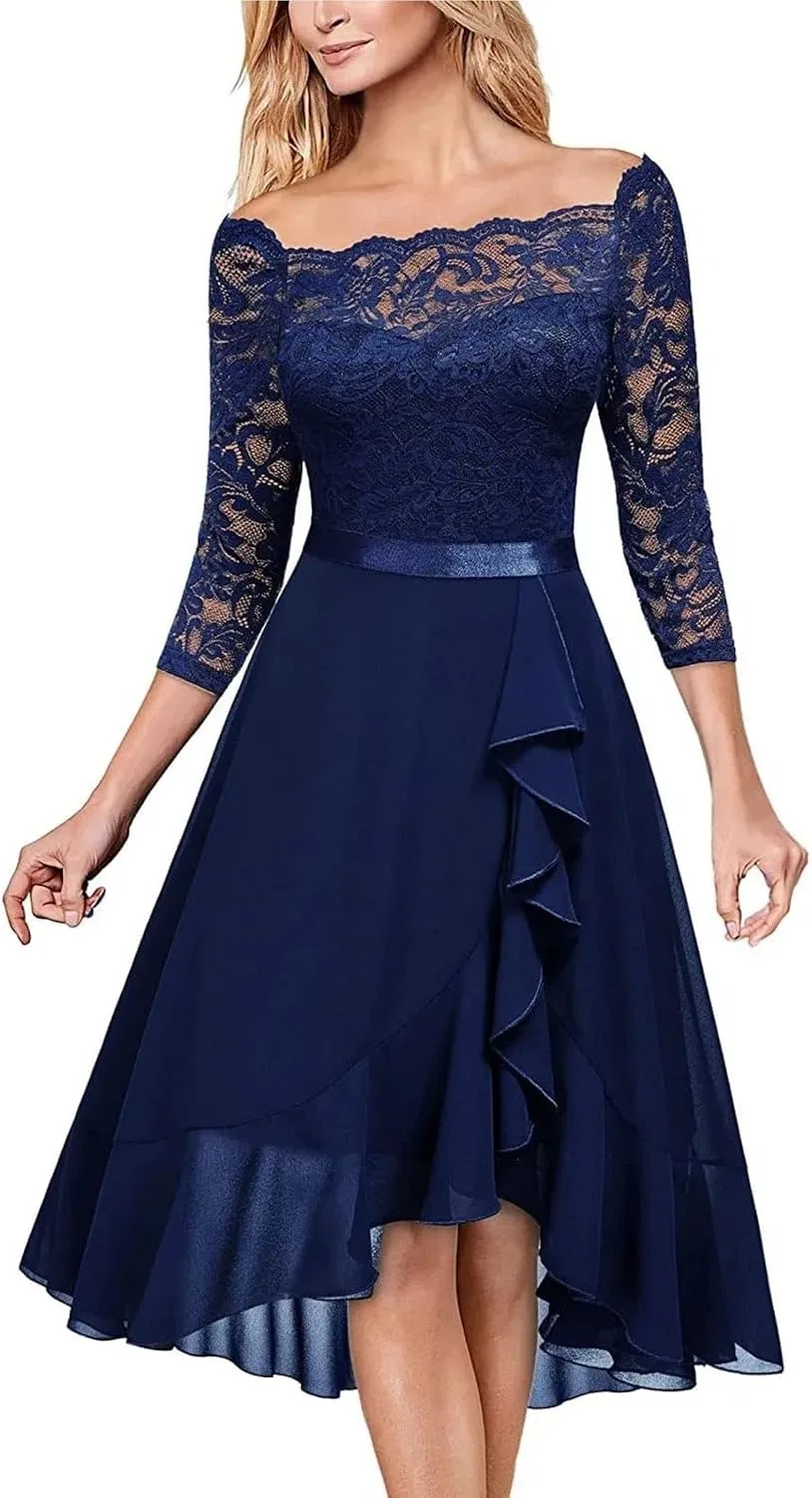 Женское вечернее платье из шифона с коротким рукавом, Dark Blue
