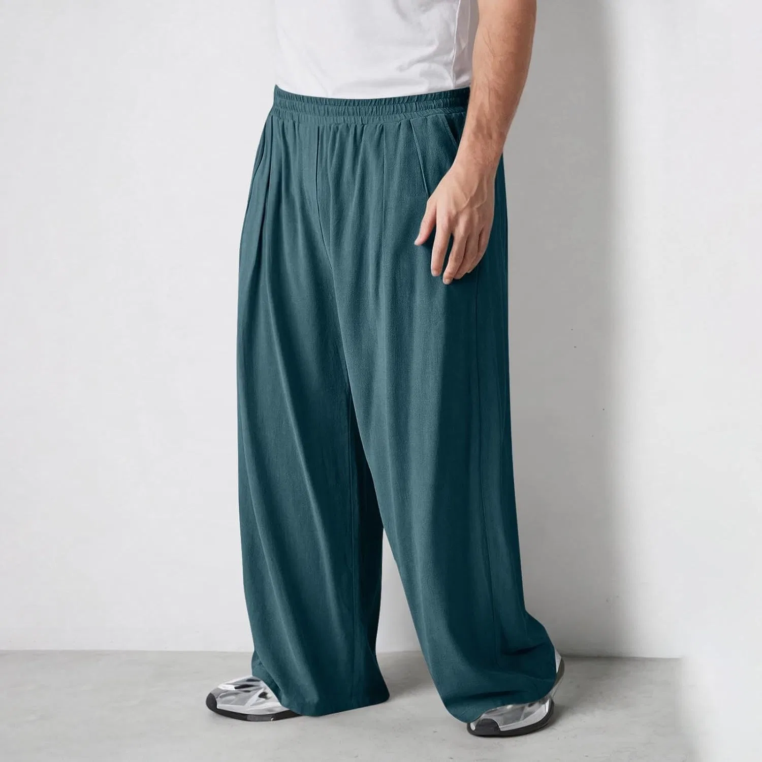 Мужские свободные брюки из хлопка и льна, Wide Leg Baggy Trousers, синий — фото 2