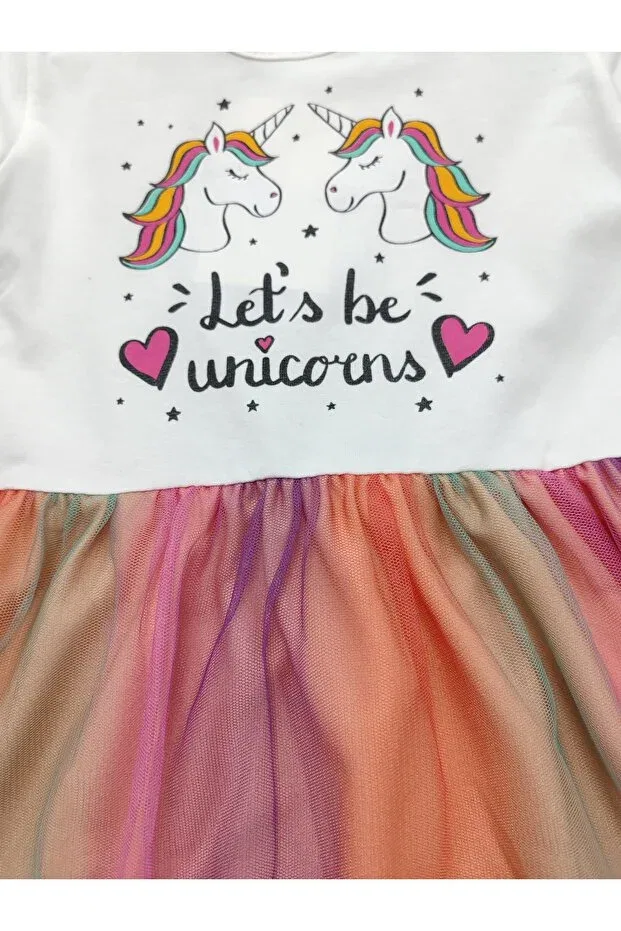 Детское платье для девочек с принтом Colorful Tulle Combed Cotton Dress Beray Bebe, Ecru — фото 2
