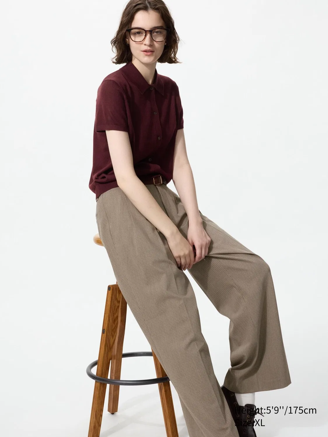 Брюки Uniqlo, широкие прямые в клетку, коричневый