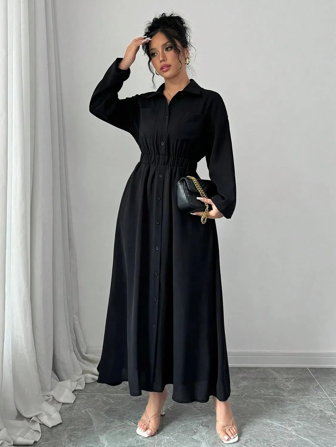 Женское платье-рубашка однотонное на пуговицах, Black — фото 3