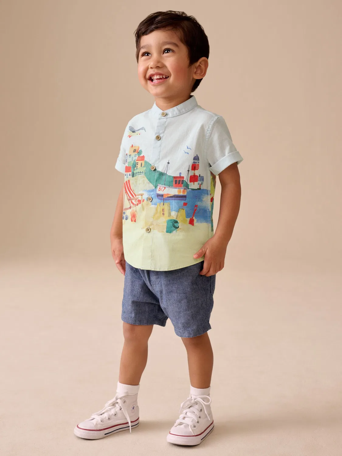 Рубашка с принтом Seaside Scene, Grandad Collar Next, Blue Seaside Scene