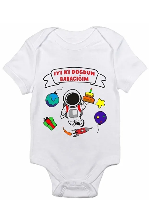 Детское боди с коротким рукавом с принтом Happy Birthday Daddy Astronaut Venüsdijital, White