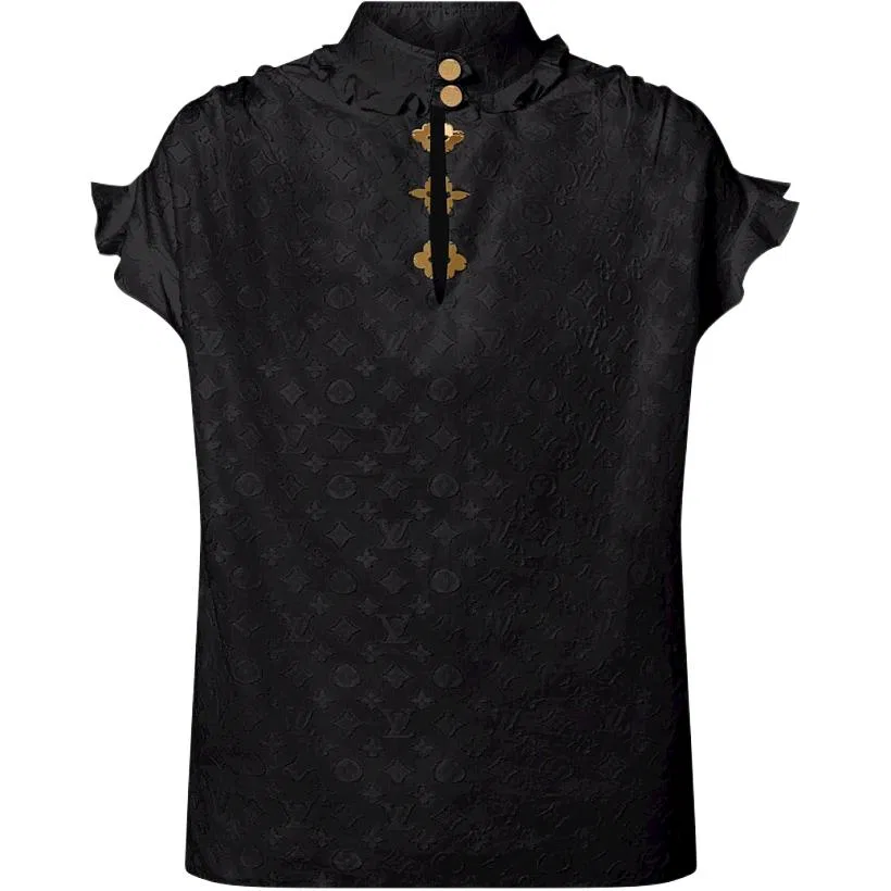 Женская рубашка с монограммой, черная, прямой крой, воротник-стойка, LOUIS VUITTON, Black