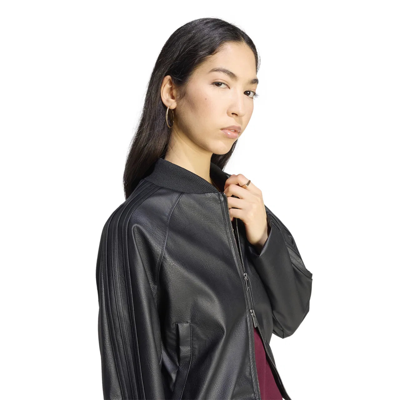 Женская куртка oversize с имитацией кожи, модель Superstar Track Top Pleather, adidas, Black Maroon — фото 4